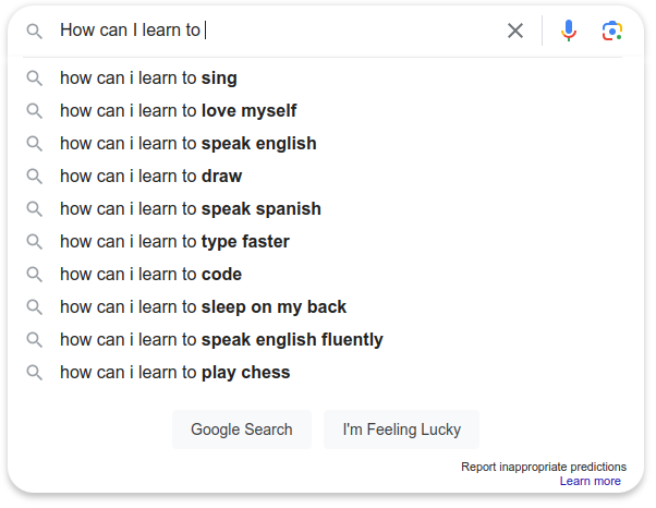 Google search query results: Offer a drawing course, an app for learning languages such as English or Spanish, …?